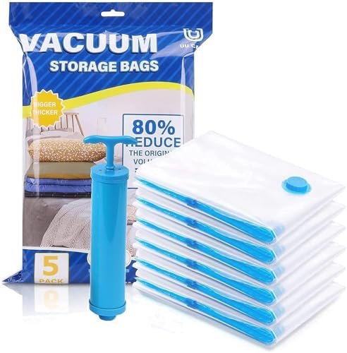 Vacuum Storage Bags for Clothes with Hand Pump – 5- Pack Space Saver Bags for Travel