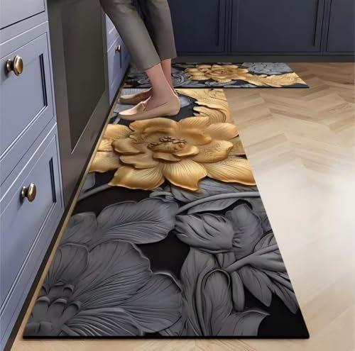 Premium 2- Non-Slip Rubber Kitchen Floor Mats – Soft, Washable, Absorbent Rugs for Kitchen (Black Flower)