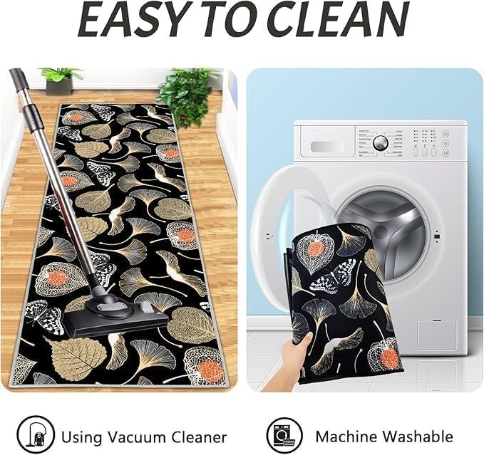 Premium 2- Non-Slip Rubber Kitchen Floor Mats – Soft, Washable, Absorbent Rugs for Kitchen (Black Flower)