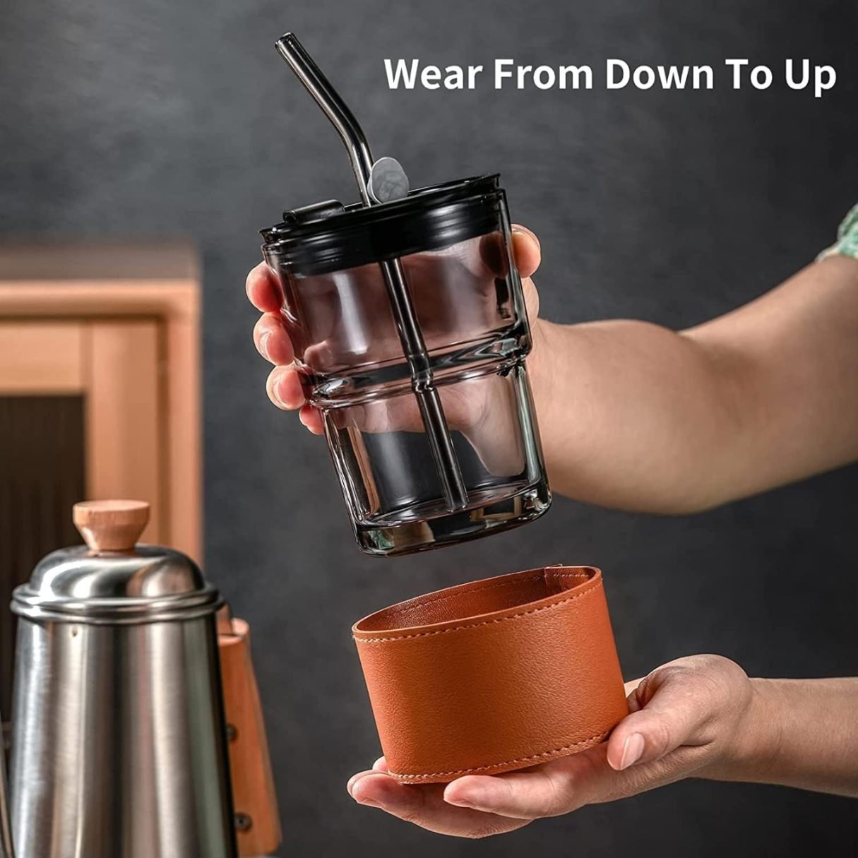 LEATHER MUG 400ML BLACK HEAVY LID SMALL  21295