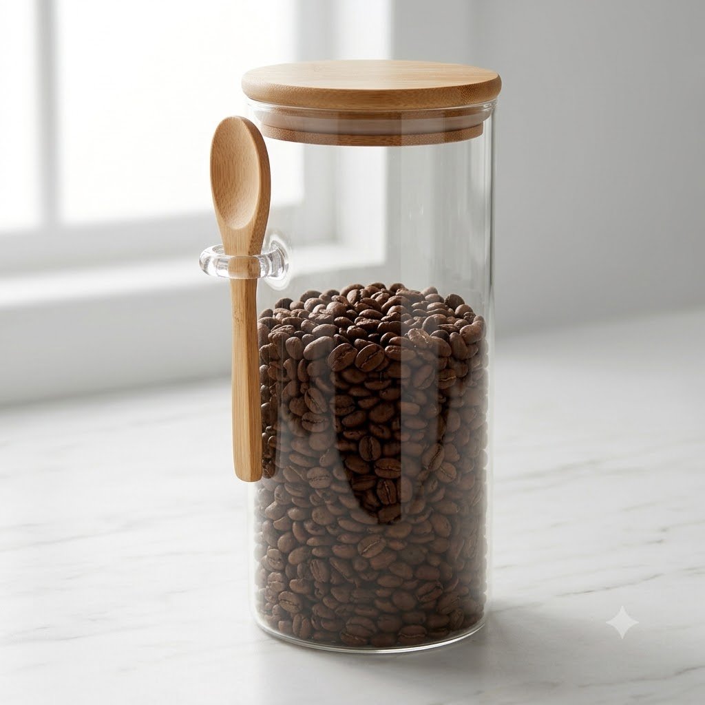 WOODEN LID JAR ROUND WITH SPOON 1100ML  23281