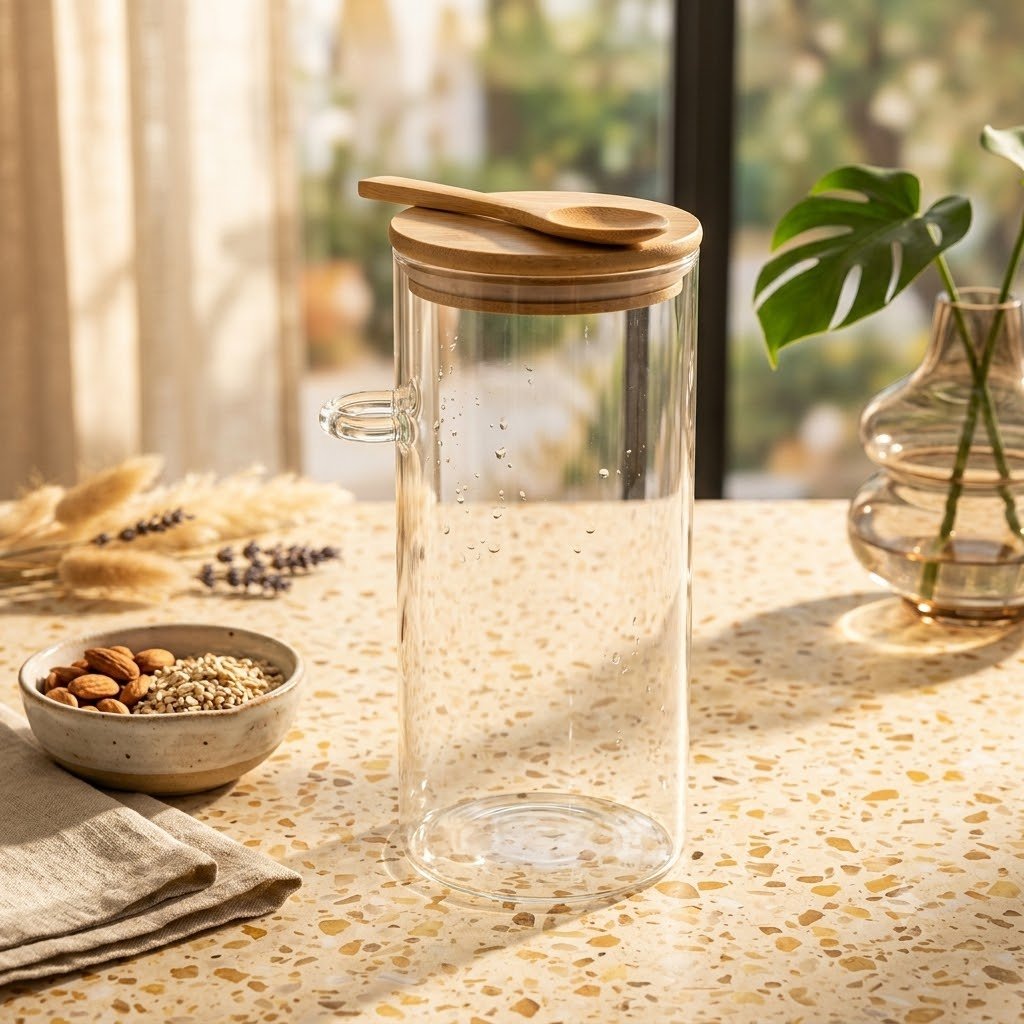 WOODEN LID JAR ROUND WITH SPOON 1100ML  23281