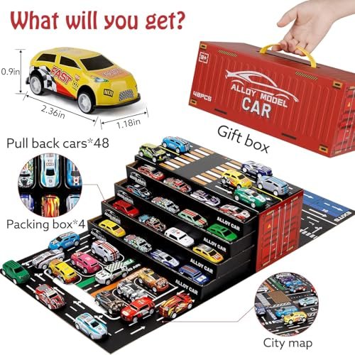 48pcs Pull Back Cars Set,Racing Car Toys,Bulk Trucks Toy Vehicles Set