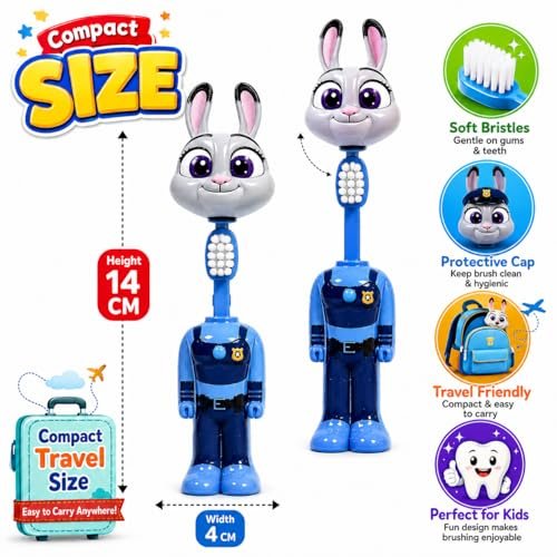 Kids Rabbit Character Toothbrush with Soft Bristles and Protective Cap, (1 pcs Piece Random Zootopia)