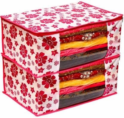 Flower Printed Non Woven Fabric Saree Cover with Transparent Window And Zip (Set Of 3)