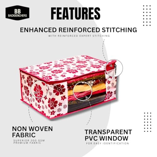 Flower Printed Non Woven Fabric Saree Cover with Transparent Window And Zip (Set Of 3)