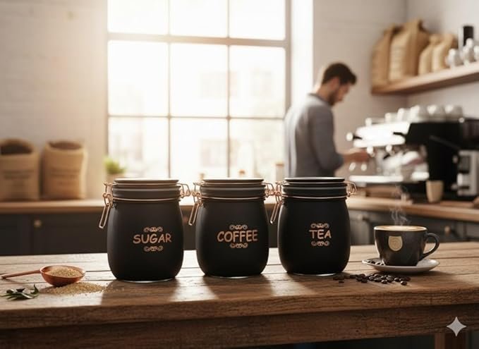Tea, Coffee & Sugar Storage Container Set | 3 PCS (SWING CAP BLACK COLOUR 860ML 3PCS SET)