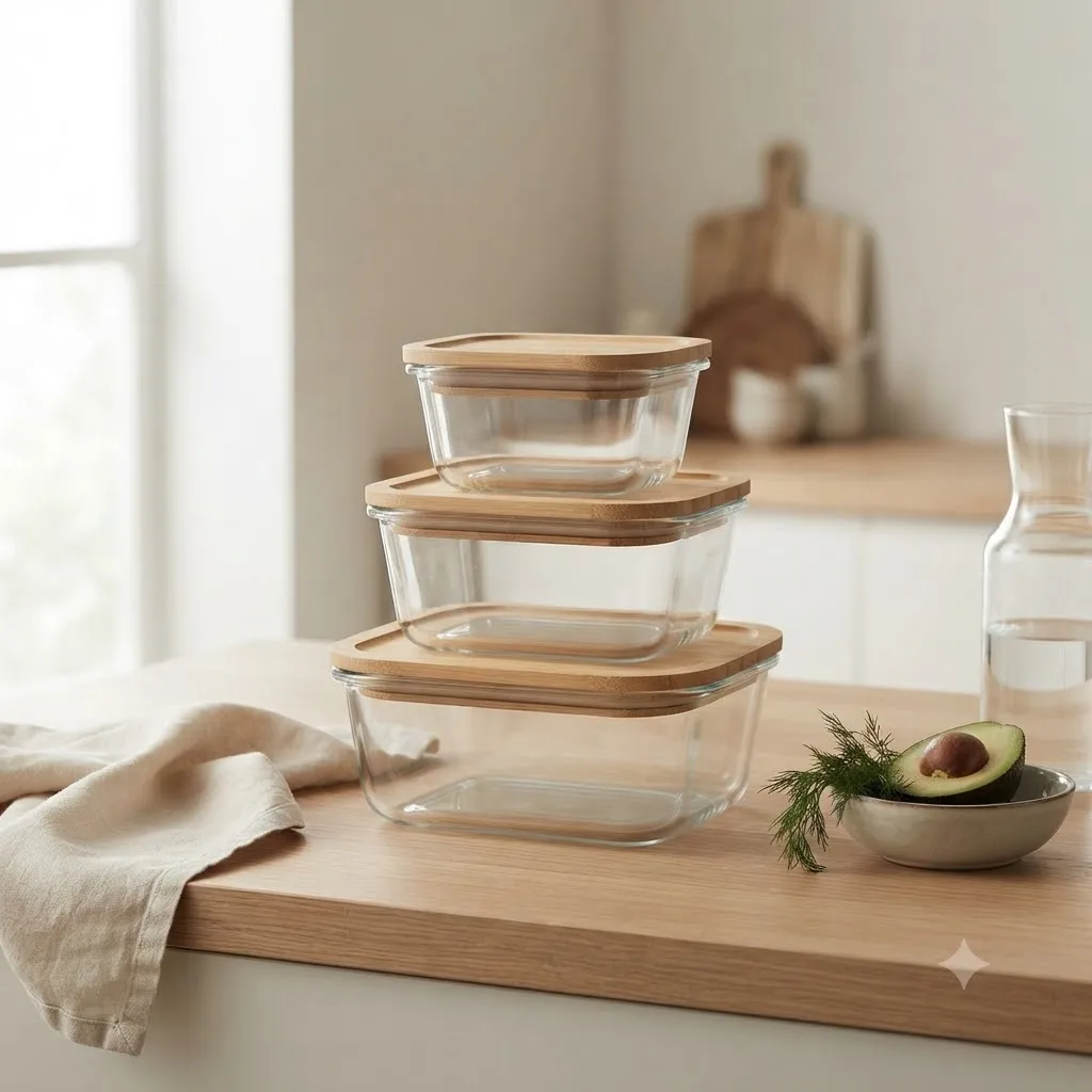 WOODEN LID STORAGE JAR SQ 3PCS SET