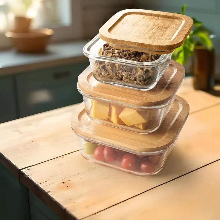 WOODEN LID STORAGE JAR SQ 3PCS SET
