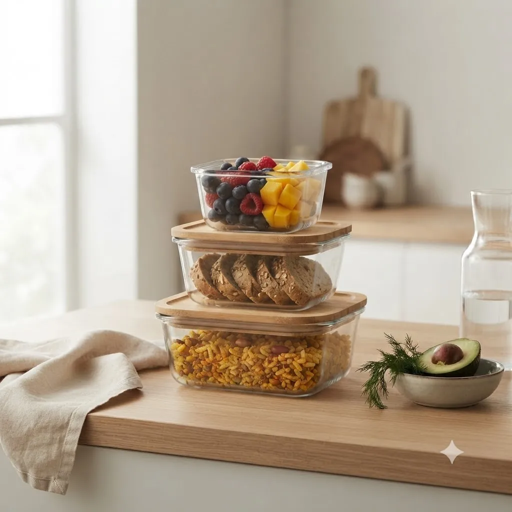 WOODEN LID STORAGE JAR SQ 3PCS SET