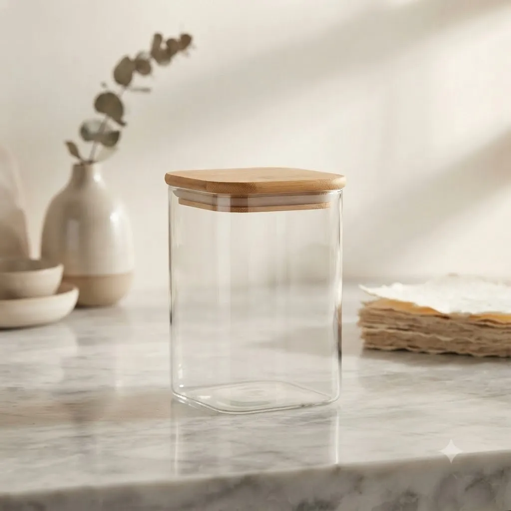 WOODEN LID JAR SQUARE 1200ML (PACK OF 2)